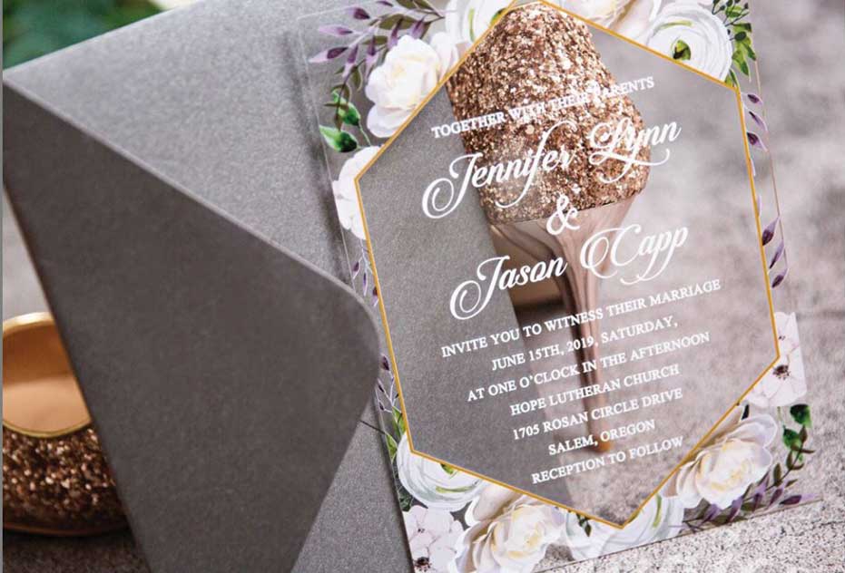 White Floral with Lavender Clear Acylic Invitation